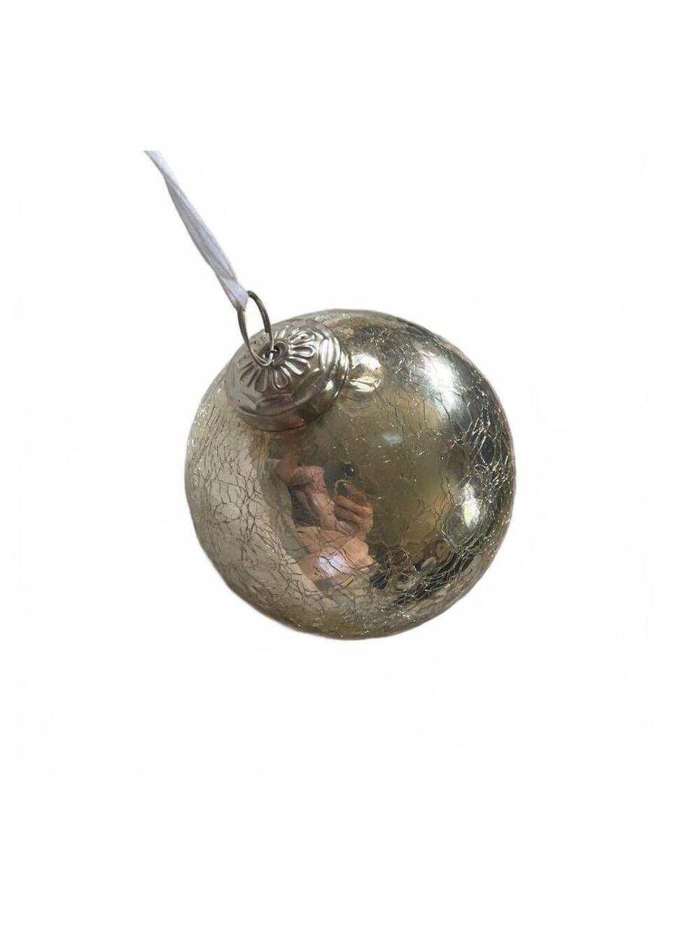 Silver Crackle Glass Christmas Ornament Round Shape 4" with Silver Cap